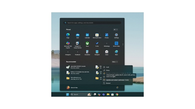 Windows start menu with the restart option