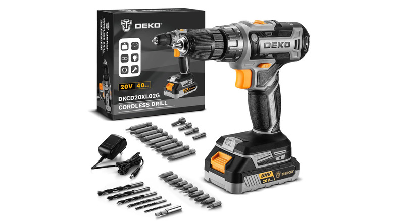 Deko Pro Cordless Drill with all drill and screw bits, charger, and display box out on a white background