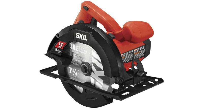 Red Skil Circular Saw with blade hidden away, on a white background