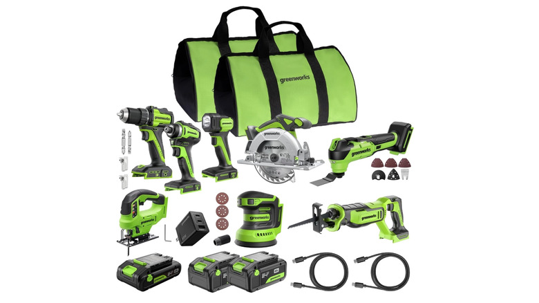 Greenworks tool set pictured against a white background