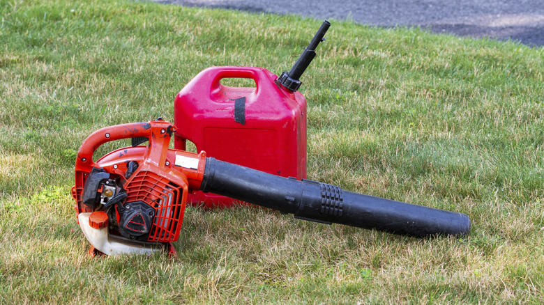leaf blower next to gas can on grass lawn