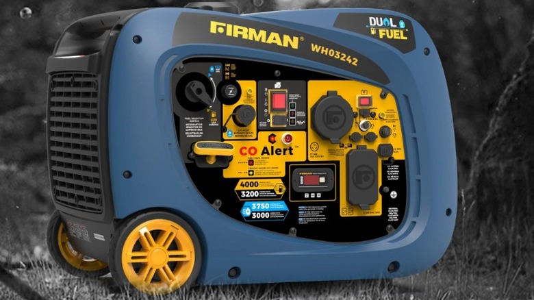 Firman 4,000-watt dual-fuel generator against a black and white background.