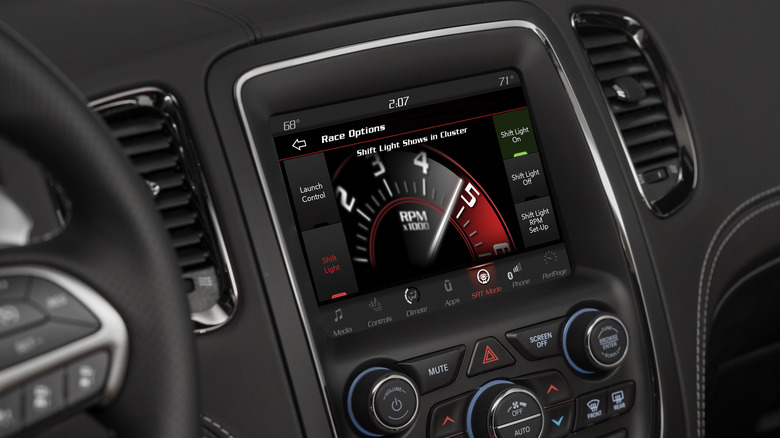Cloes-up view of the Uconnect touscsceen display, inside the 2019 Dodge Durango SRT