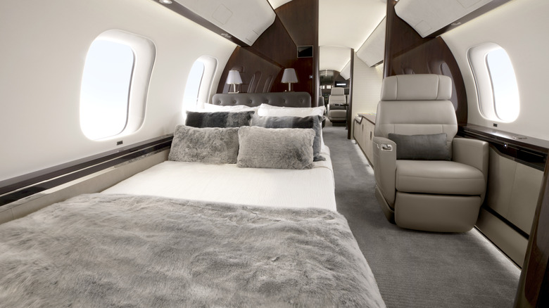 Bedroom suite of Bombardier Global 7500/8000 seen looking toward the front of the aircraft