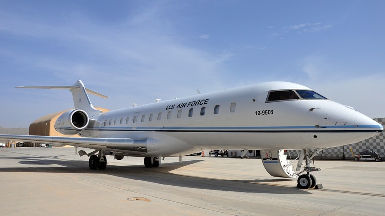 A U.S. Air Force Bombardier Global 6000 on a runway in Afghanistan