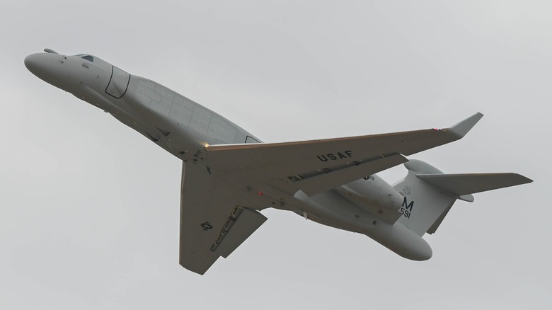 U.S. Air Force Gulfstream G550 flying in gray skies
