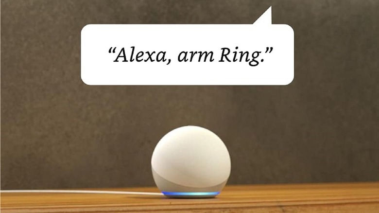 Alexa speaker with speech bubble saying "Alexa, arm Ring."