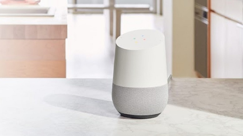 Google Nest speaker on a desk.