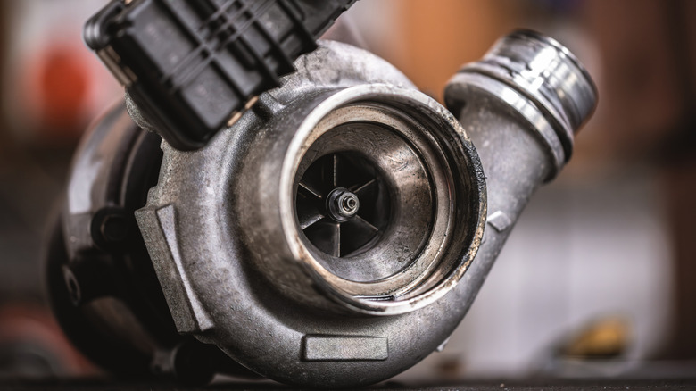 Close-up of turbocharger outside of engine bay