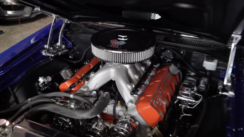 A close-up of a 632 Chevy Big Block V8 inside of a Chevrolet Chevelle muscle car.