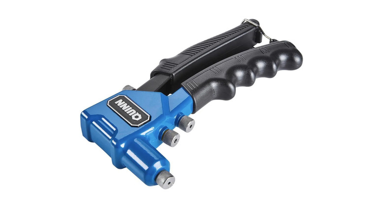 A blue and black-colored Quinn hand riveter against a white background
