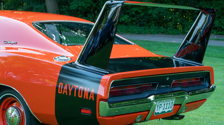 A close-up of a 1969 Dodge Charger Daytona rear wing.