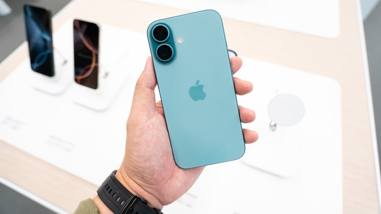Person holding iPhone 16 Plus at Apple Store