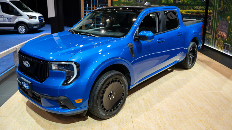 A blue Ford Maverick display model