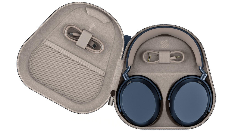 The Sennheiser Momentum 5 in a carrying case with matching colored cables.
