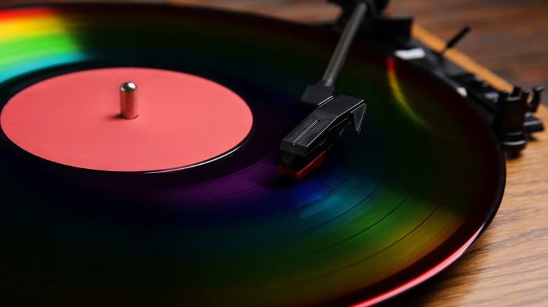 A vinyl record spinning on a record player.