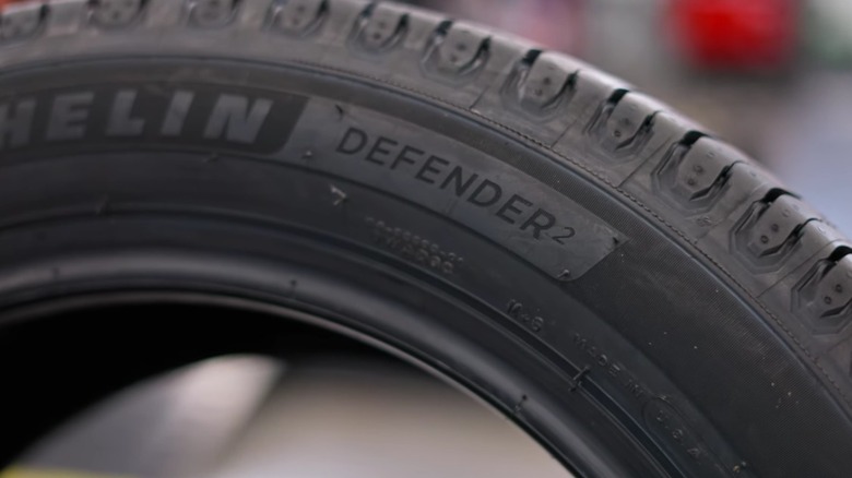 Close-up of Michelin Defender 2 tire sidewall.