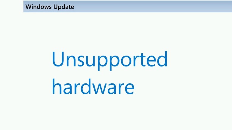 A message from Windows Update says "Unsupported hardware"