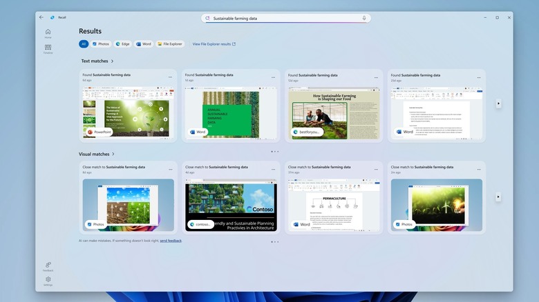 Microsoft Recall showing many screenshots autonomously taken by Microsoft