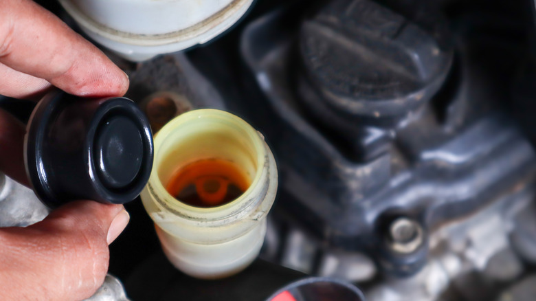 Brake fluid reservoir of a car being checked by a mechanic