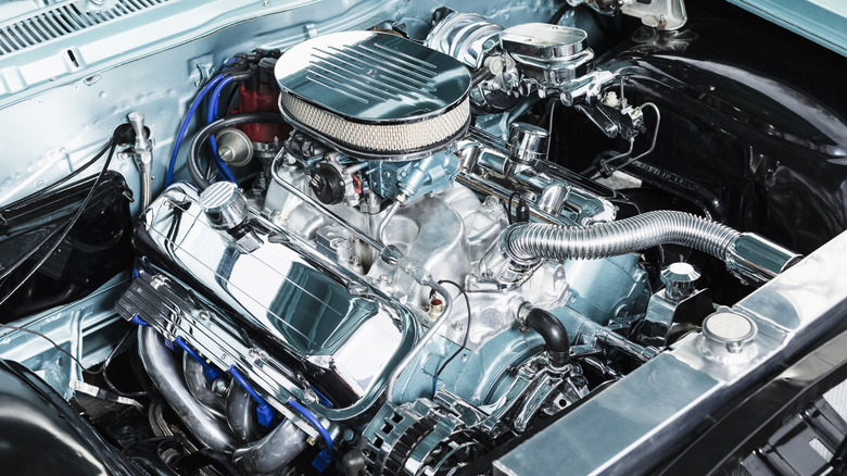 V8 engine in engine bay of a car