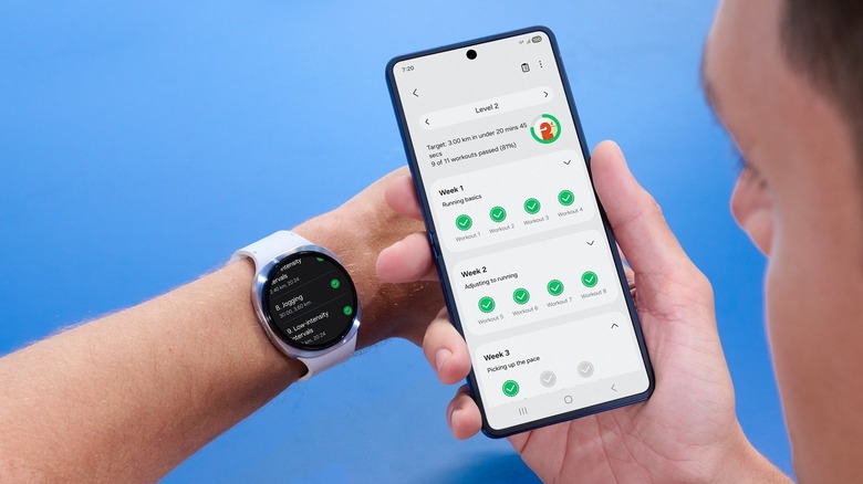 Person using a Galaxy Watch 8 with the Samsung Health app