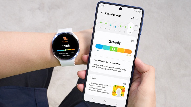 Person using a Samsung Galaxy Watch 8 with the Samsung Health app