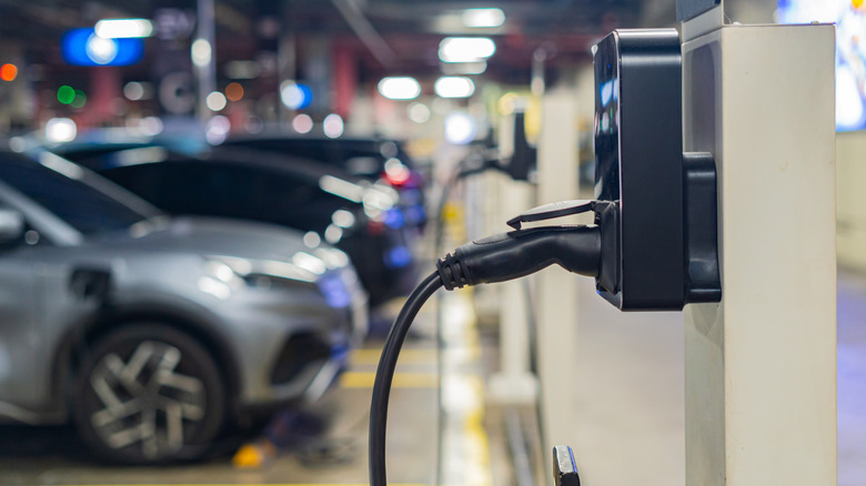 A row of cars being charged on a public charging station.