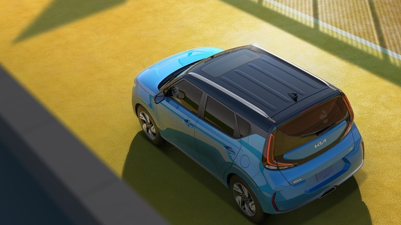 Rear-overhead shot of a blue 2025 Kia Soul