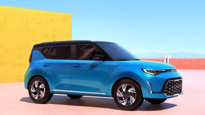 Side shot of a light blue 2025 Kia Soul