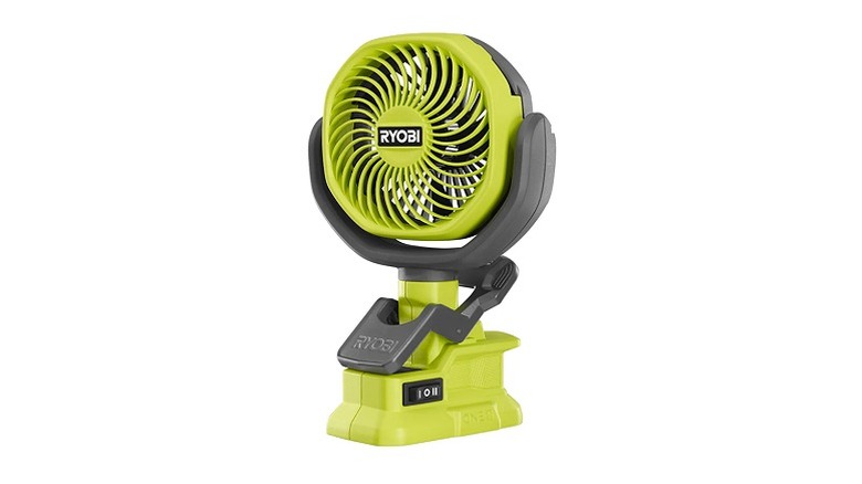 A green Ryobi clamp fan.