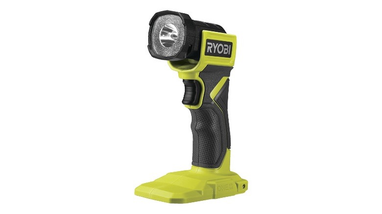 A Ryobi LED flashlight with a green base