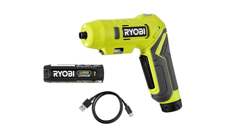 An electric screwdriver by Ryobi with a battery and a USB cable