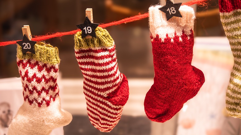 Christmas stockings hung on a string