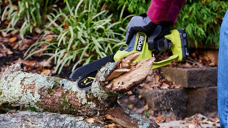 A person cutting branches using Ryobi Pruning Mini Chainsaw
