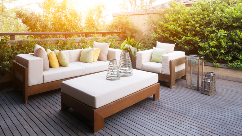Patio furniture on a wooden deck