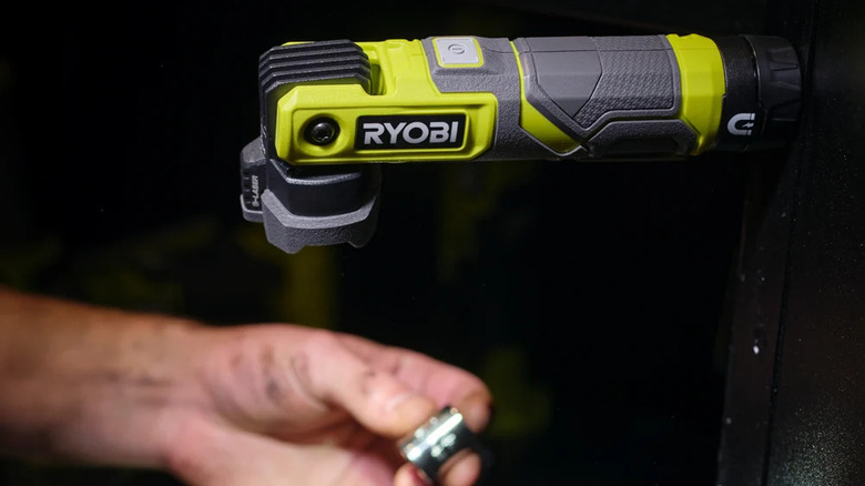 A Ryobi pivoting laser attached to metal surface