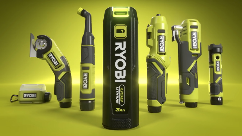 Ryobi USB Lithium 3Ah battery with pictured with assorted tools