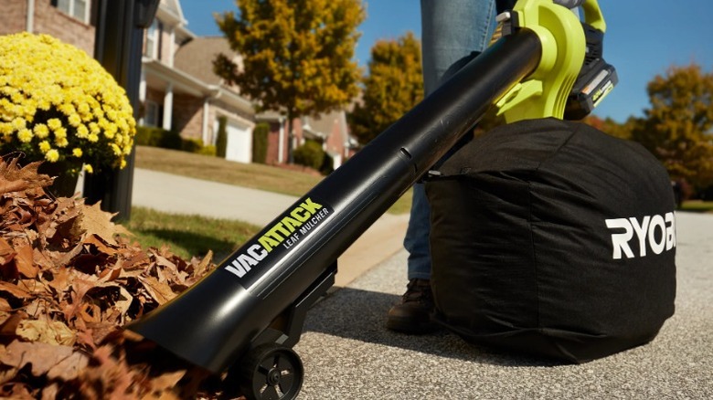 40V Vac Attack Cordless Leaf Vacuum/Mulcher sits next to bag full of leaves