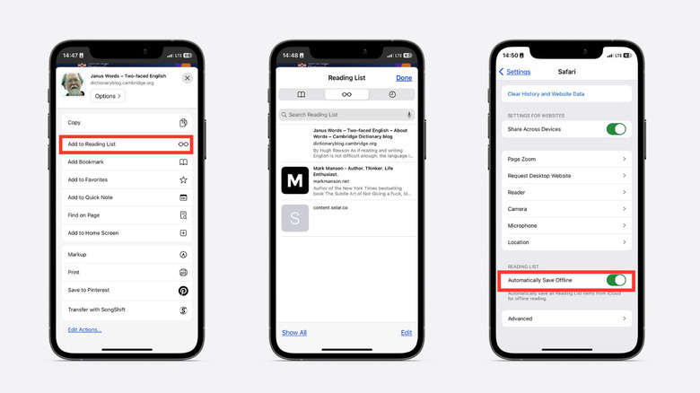 iPhone screenshots showing Safari Reading Lists