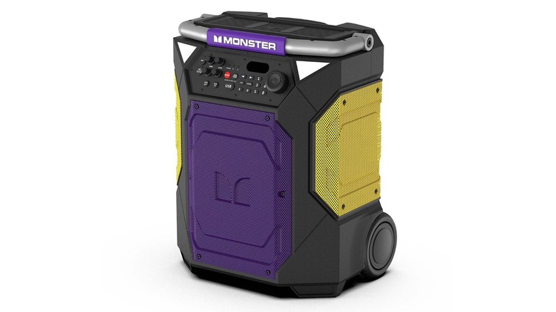 A purple and yellow Monster Rockin Roller speaker.