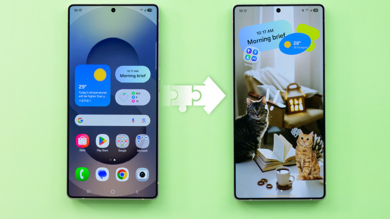 Before and after using DIY Home Screen in Samsung Good Lock Home Up