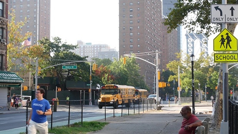 School buses in a school zone in New York City.