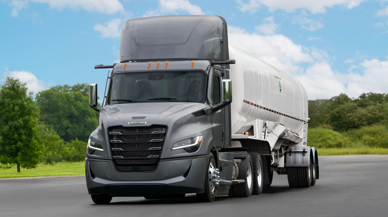 Freightliner Cascadia towing a tanker trailer