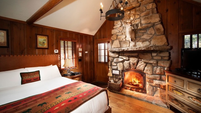 Interior of a Knotty Pine One-Room Cottage at Big Cedar resort.