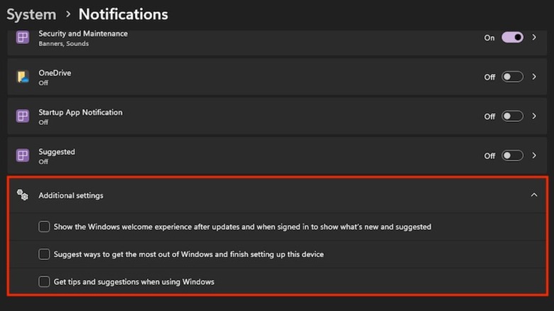 Unchecking additional settings for notifications in Windows 11 Settings app.