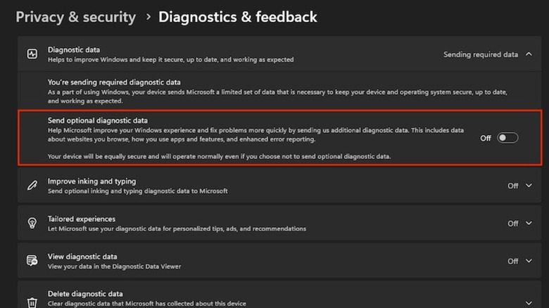 Send optional diagnostic data option toggled off in Windows 11 Settings app.