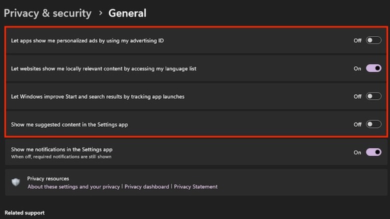 Advertising ID and other targeted ads settings turned off in Windows 11 Settings app.