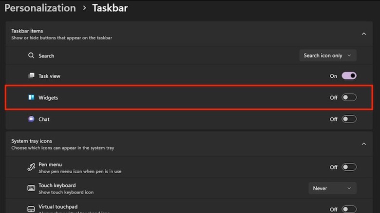 Widgets option under Taskbar items toggled off in Windows 11 Settings app.