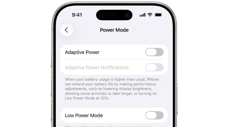 iOS 26 settings menu, power mode submenu, showing Adaptive Power and Low Power Mode